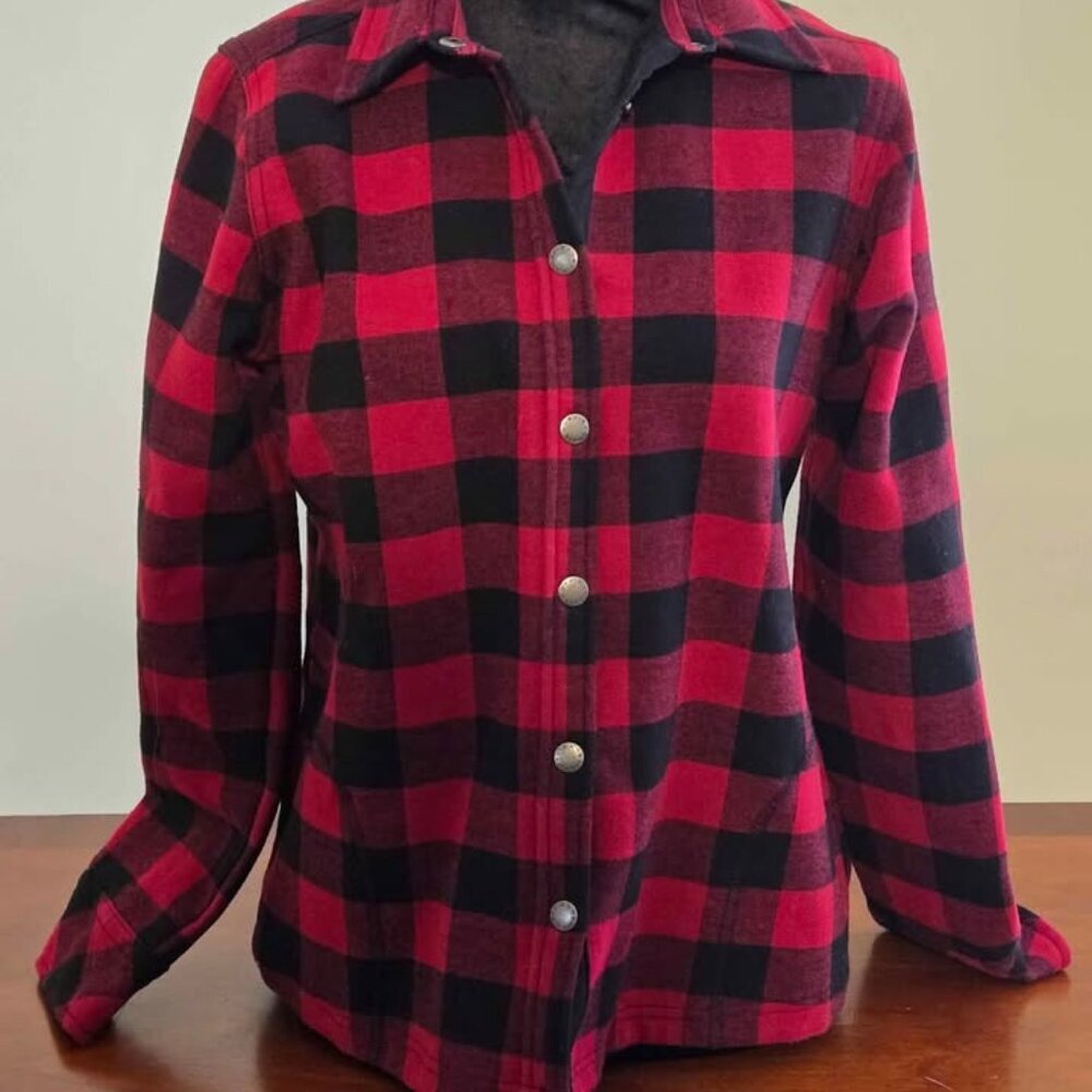 Orvis Red and Black Plaid Flannel Fleece Lined Snap Front Shacket Size Small